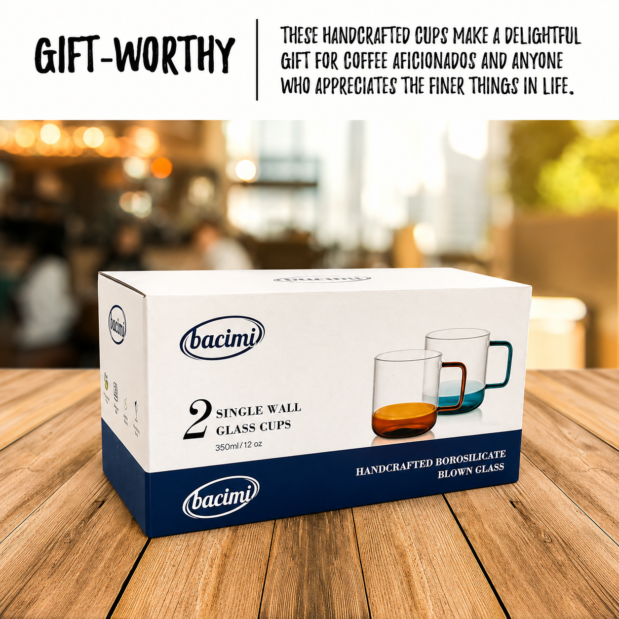 Bacimi® Amber & Teal Double Wall Glass Coffee Cups Set of 2 -12oz