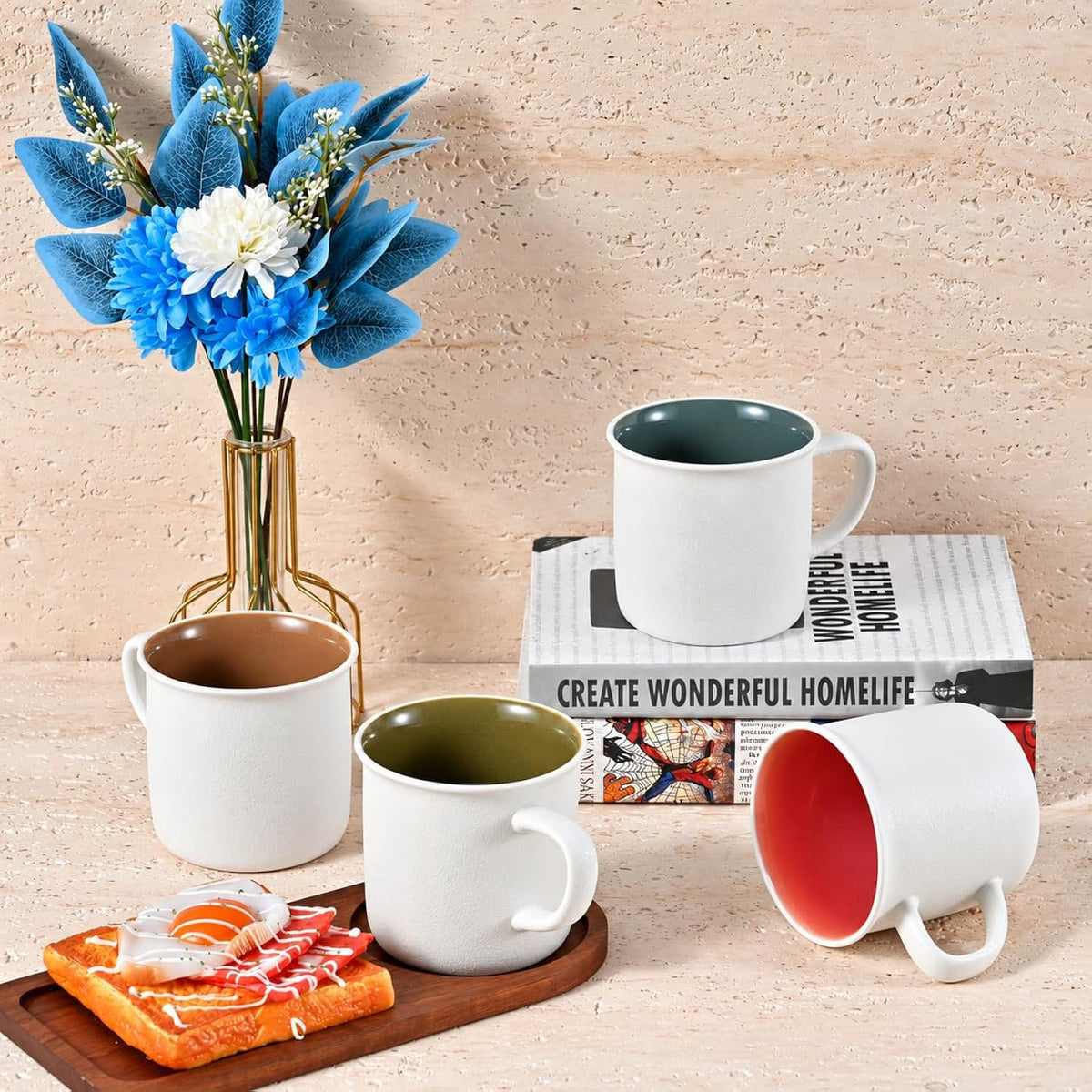Bacimi® - Coffee Mugs Set of 4 - Sandstone Texture Mugs 16oz - Ceramic Coffee Cups with Handle - Large Coffee Mug for Cappuccino, Latte & Hot Beverages
