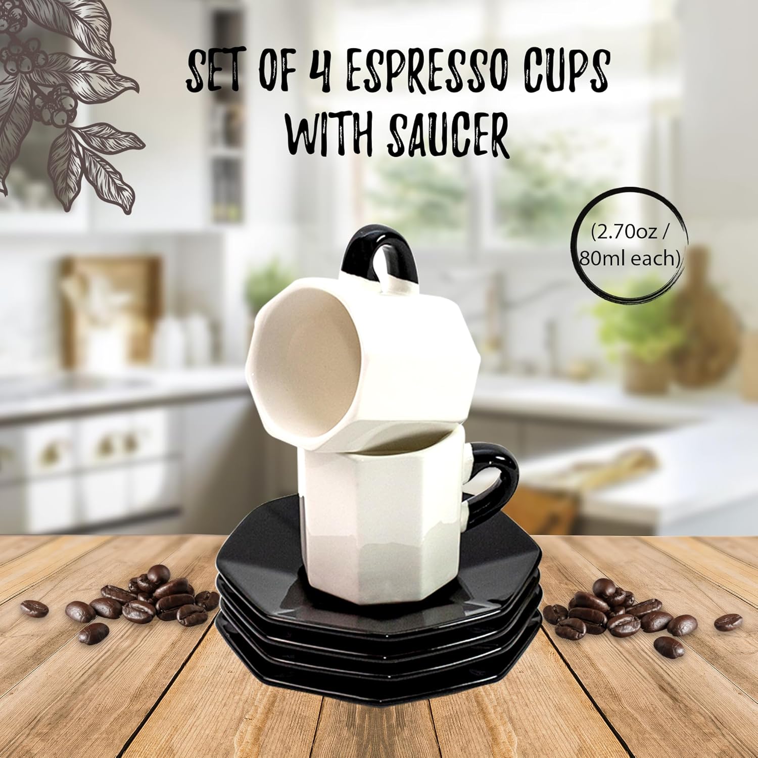 Bacimi Handcrafted Ceramic Octagon Espresso Cup W/ Saucers 2.70oz / 80