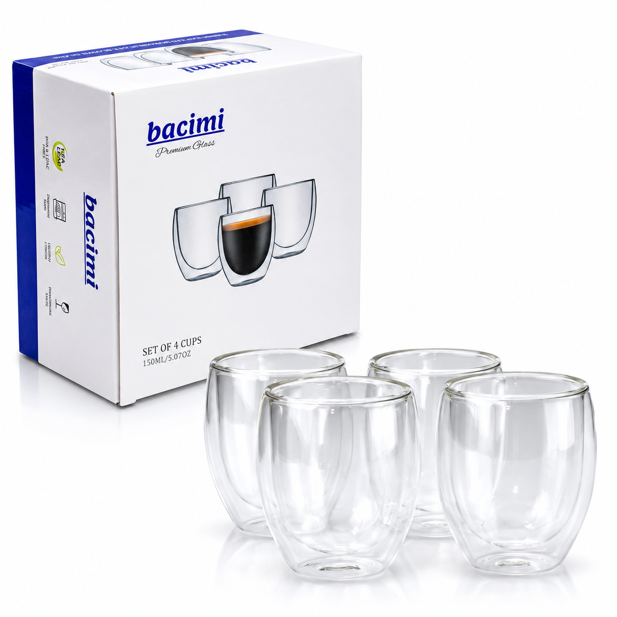 Bacimi Double Wall Glass Espresso Cups Set of 4 – 5oz
