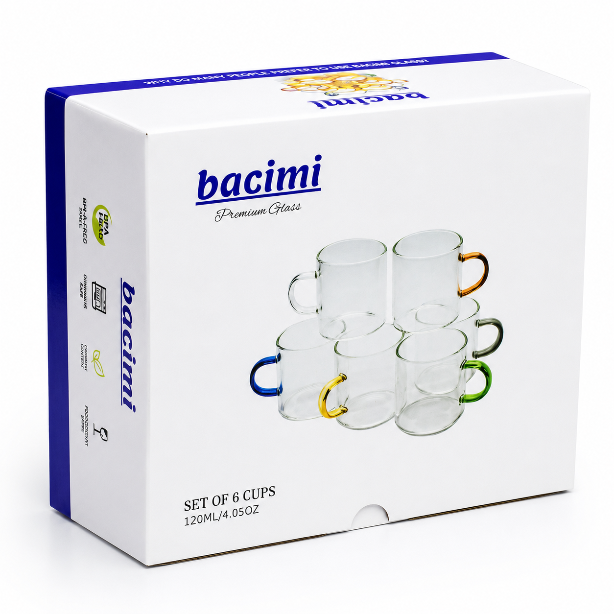 Bacimi® Multi-Color Borosilicate Glass Espresso Cups  Set of 6 - 4oz