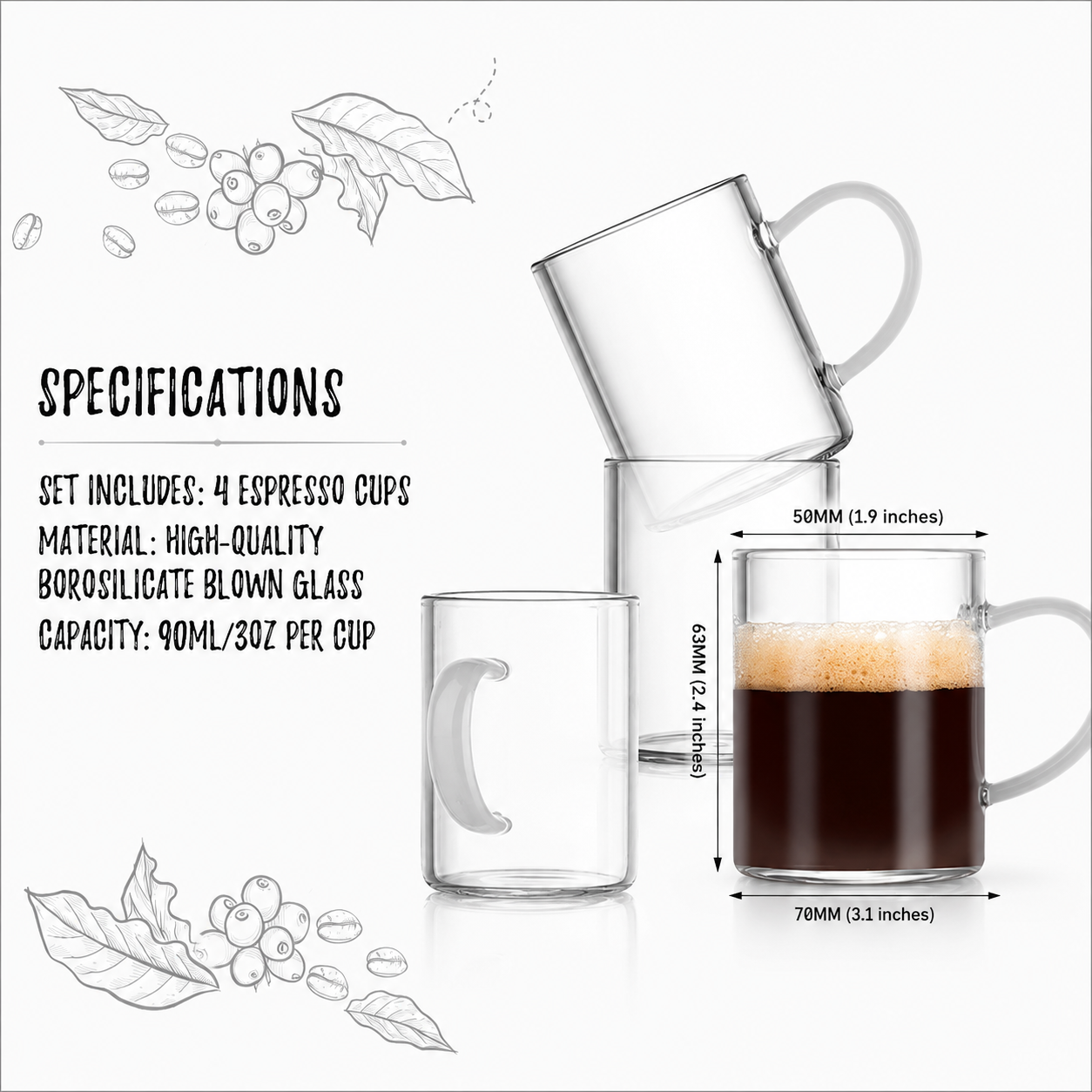 Bacimi® Handcrafted Glass Espresso Cups Set of 4 - 3 oz