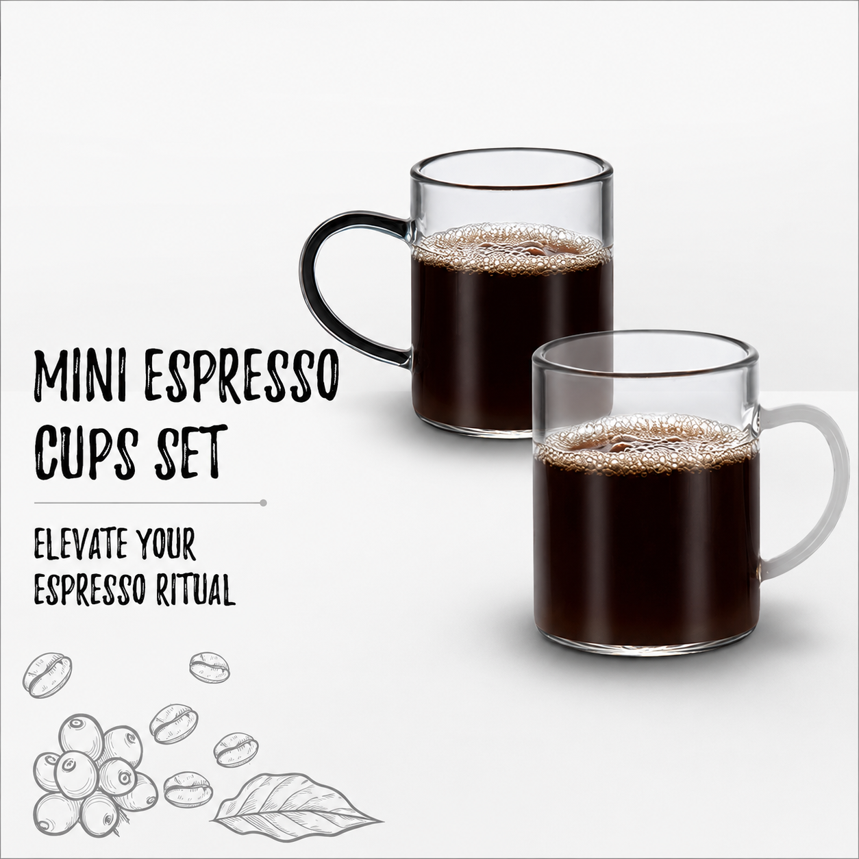 Bacimi® Clear Demitasse Mini Espresso Cups with White/Smoke Handles Set of 2 - 3 oz
