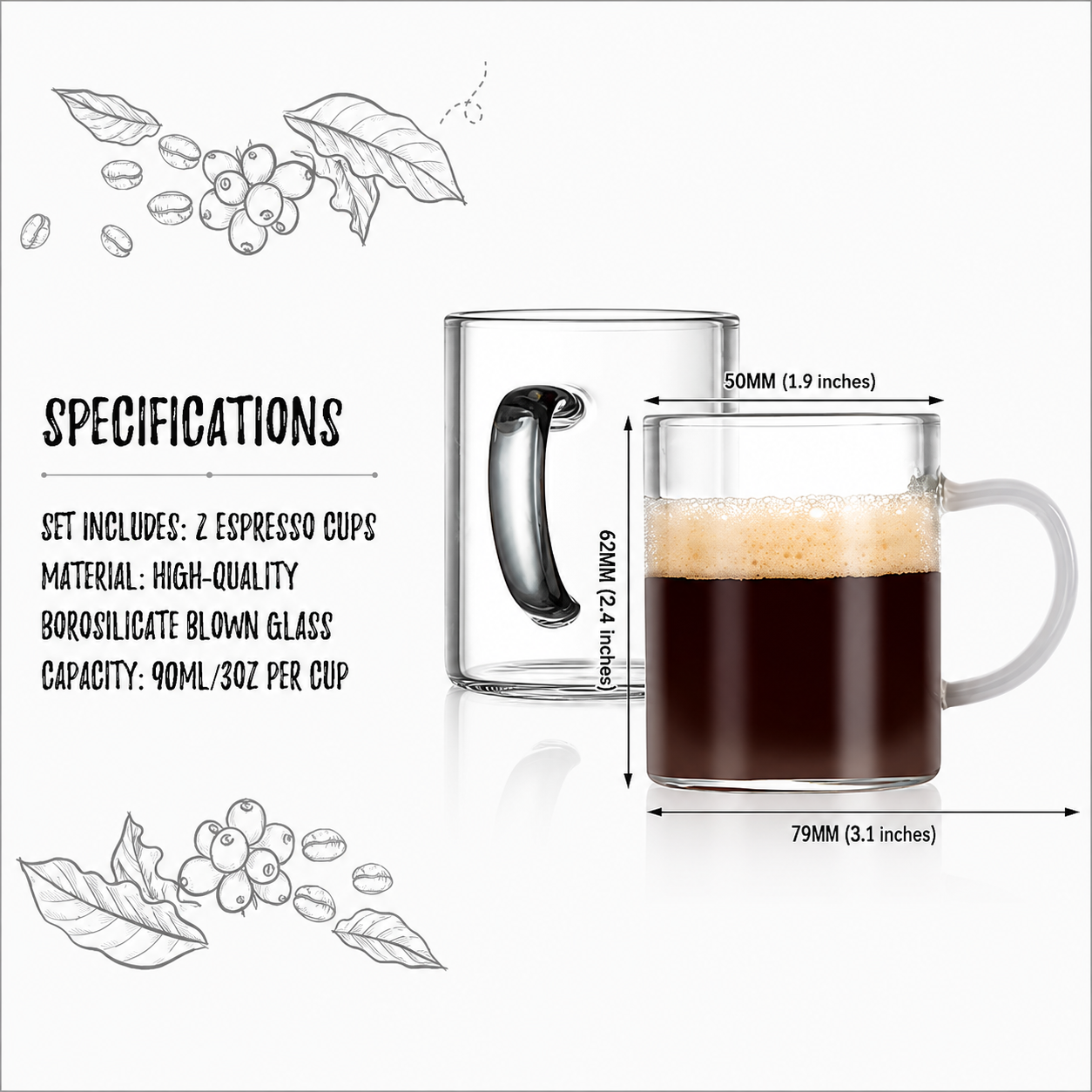 Bacimi® Clear Demitasse Mini Espresso Cups with White/Smoke Handles Set of 2 - 3 oz