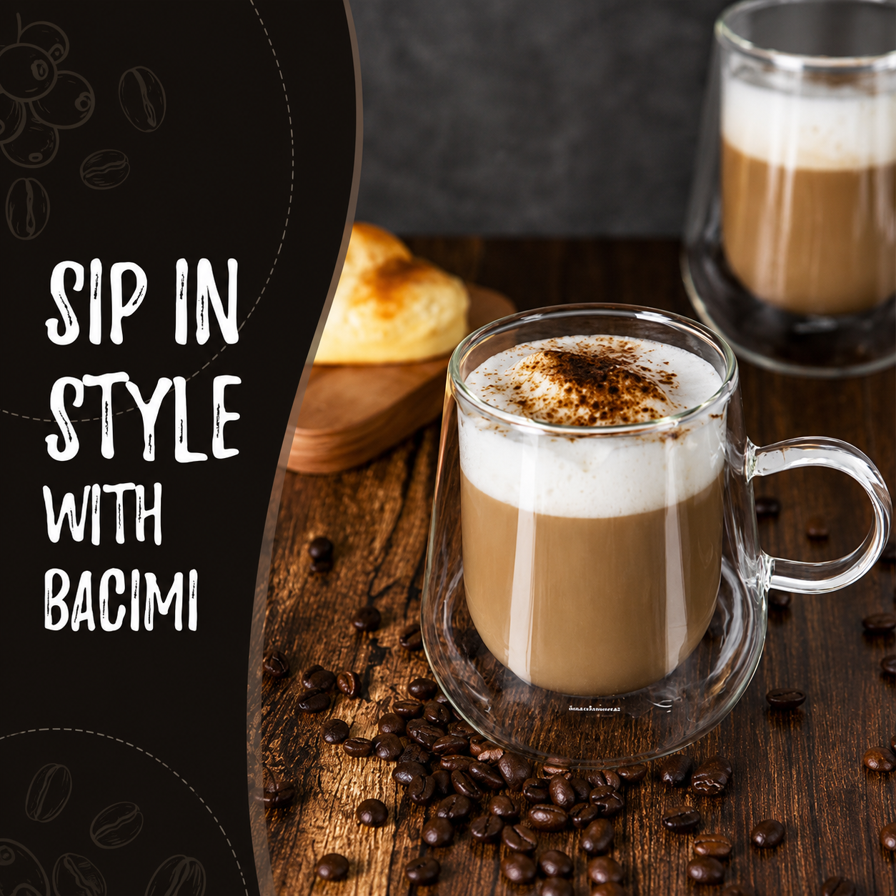 Bacimi® Double Wall Glass Coffee Cups Set of 2 – 12oz