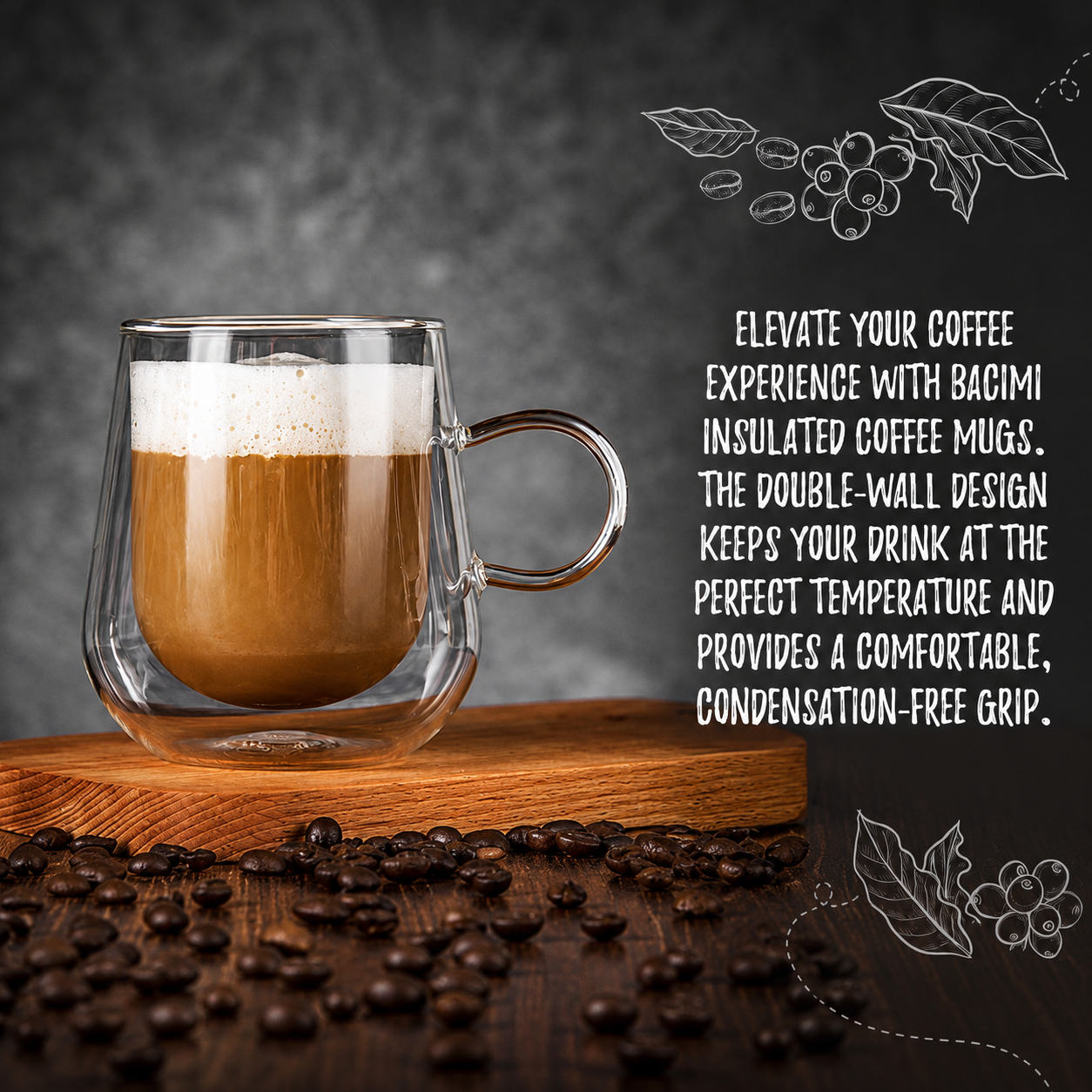 Bacimi® Double Wall Glass Coffee Cups Set of 2 – 12oz