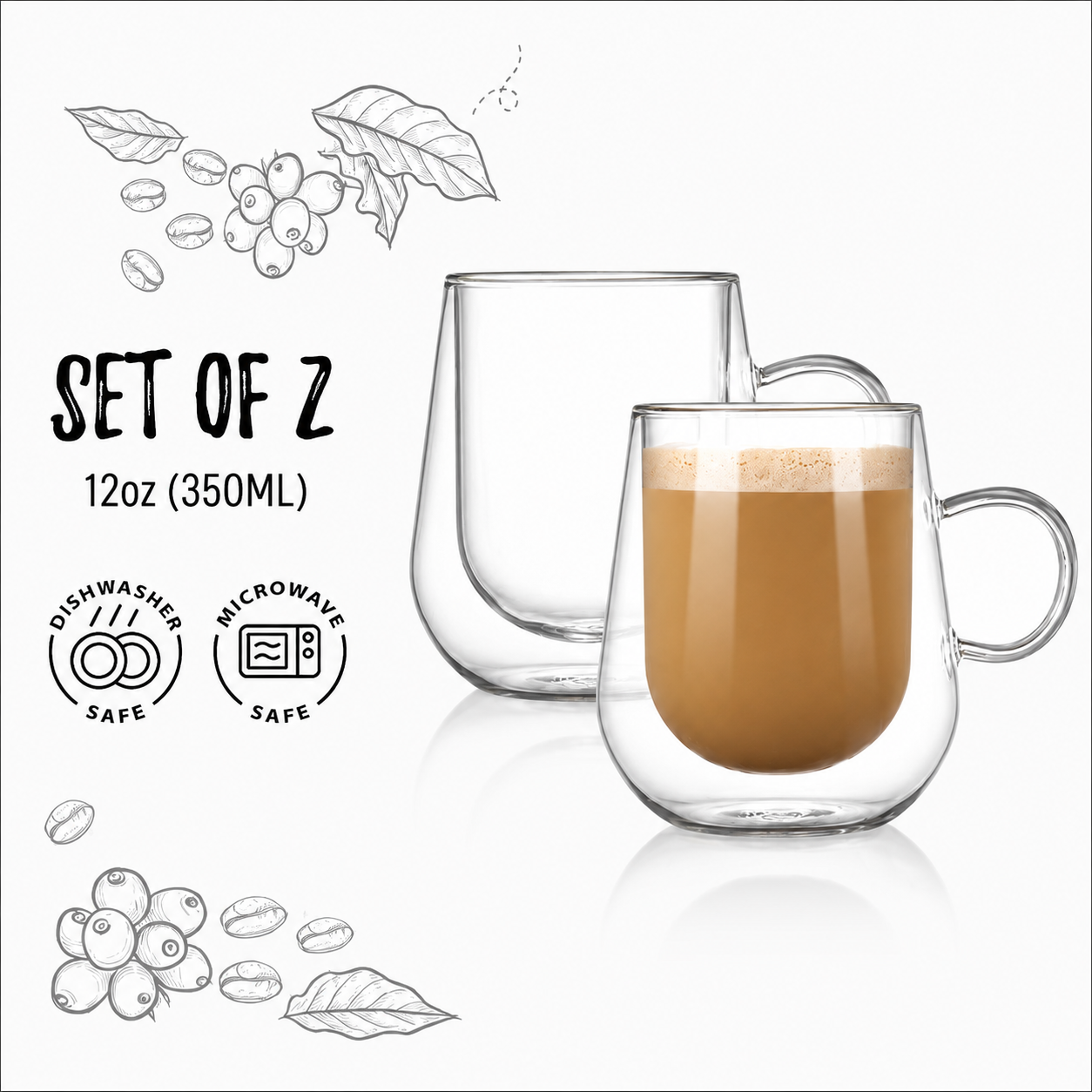 Bacimi® Double Wall Glass Coffee Cups Set of 2 – 12oz