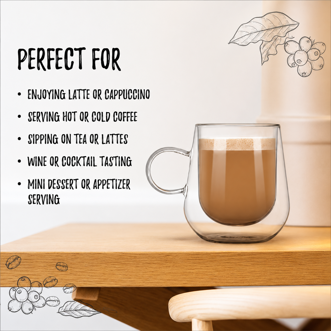 Bacimi® Double Wall Glass Coffee Cups Set of 2 – 12oz