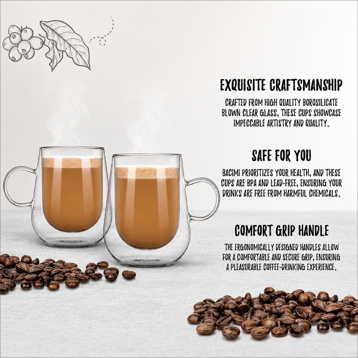 Bacimi® Double Wall Glass Coffee Cups Set of 2 – 12oz