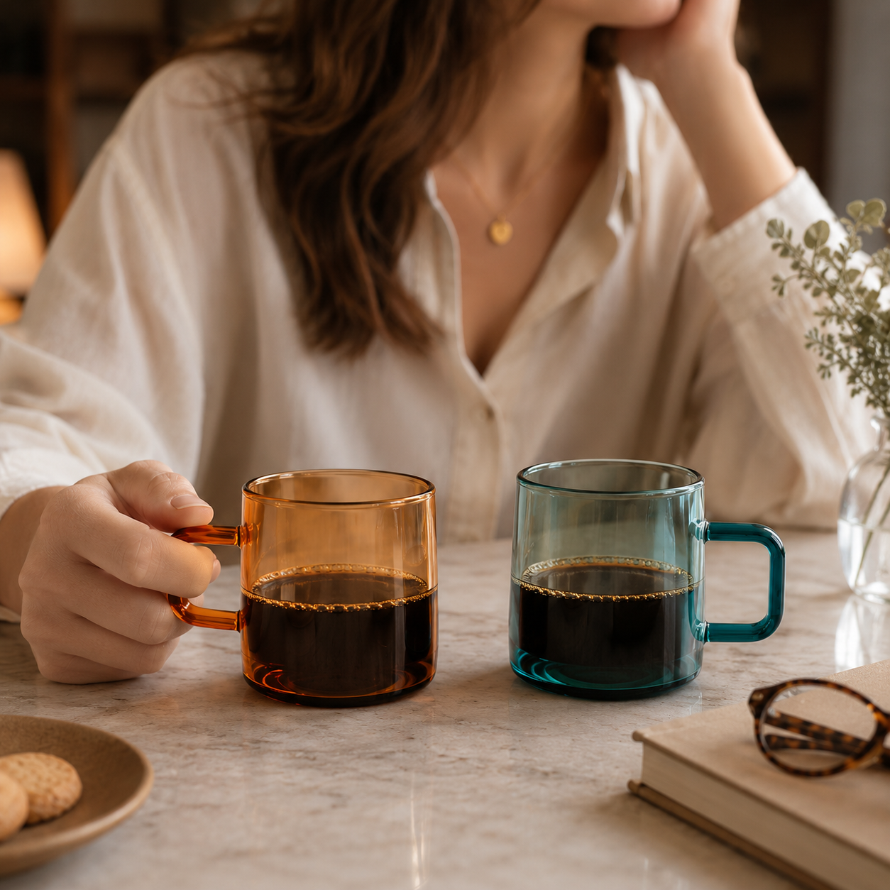 Bacimi® Amber & Teal Double Wall Glass Coffee Cups  Set of 2 -12oz