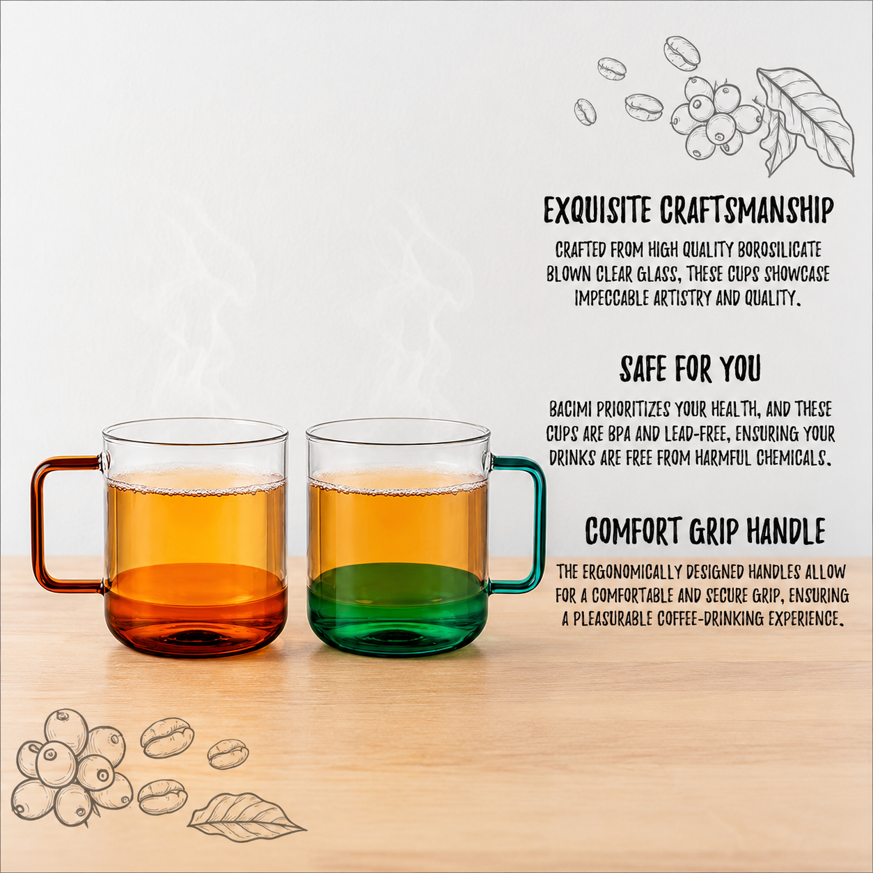 Bacimi® Amber & Teal Double Wall Glass Coffee Cups  Set of 2 -12oz