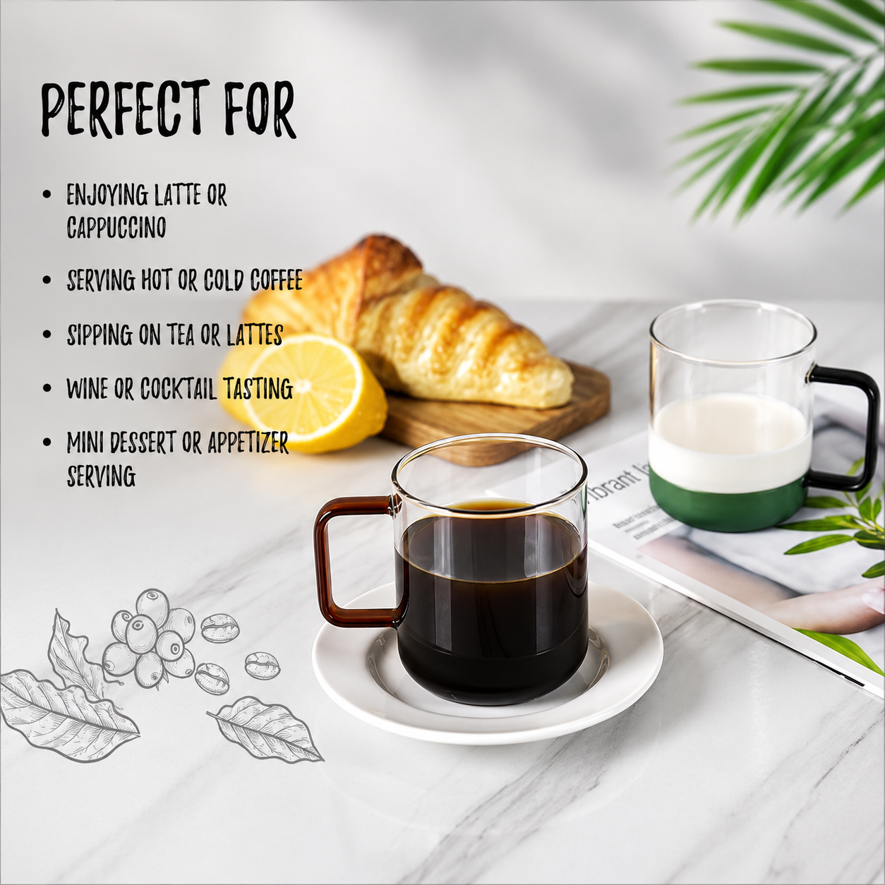 Bacimi® Amber & Teal Double Wall Glass Coffee Cups  Set of 2 -12oz