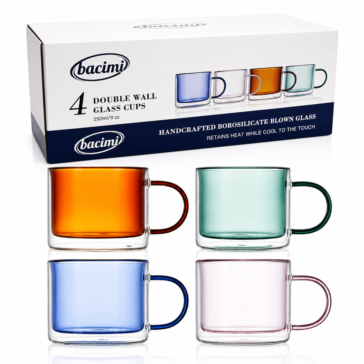 Bacimi® Double Wall Glass Coffee Mugs Set of 4 – 8.5oz
