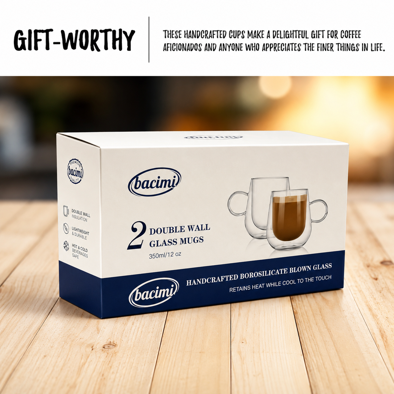 Bacimi® Double Wall Glass Coffee Cups Set of 2 – 12oz