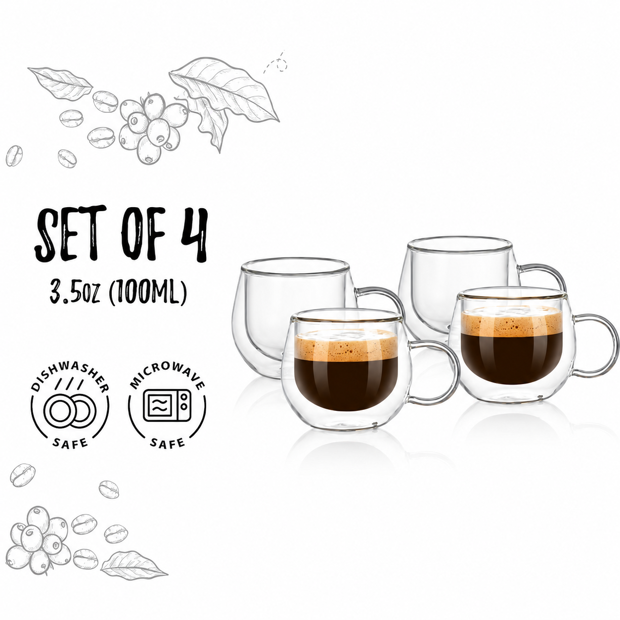 Bacimi Double Wall Borosilicate Glass Espresso Cups  Set of 4 -3.5oz