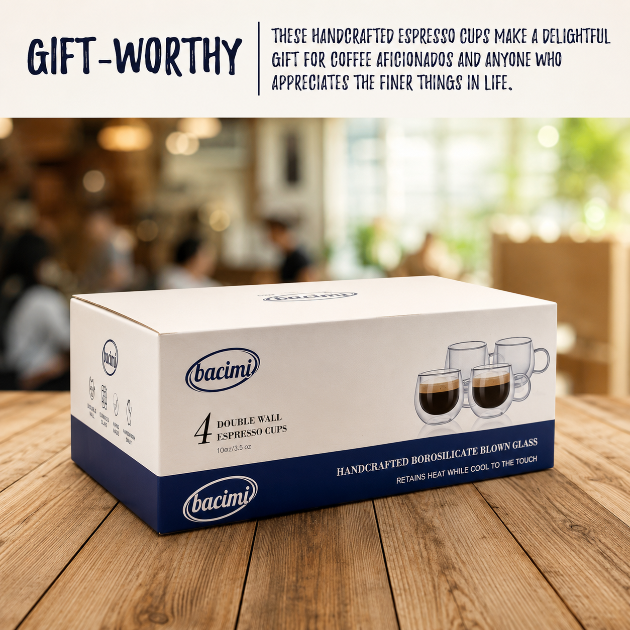 Bacimi Double Wall Borosilicate Glass Espresso Cups  Set of 4 -3.5oz