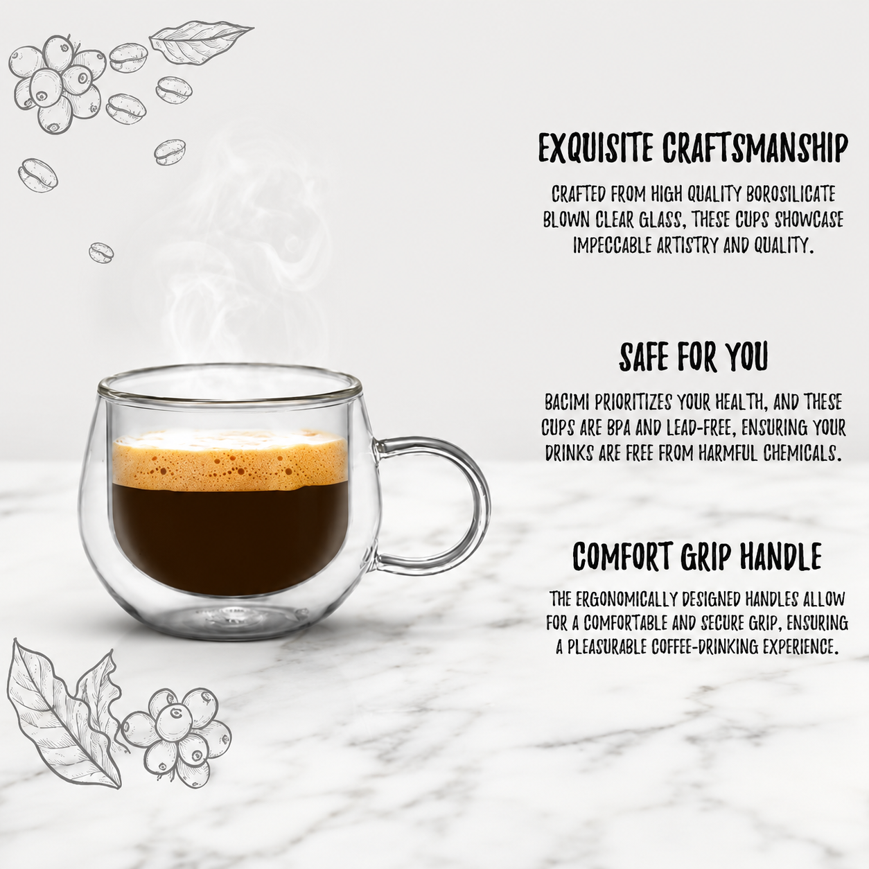 Bacimi Double Wall Borosilicate Glass Espresso Cups  Set of 4 -3.5oz