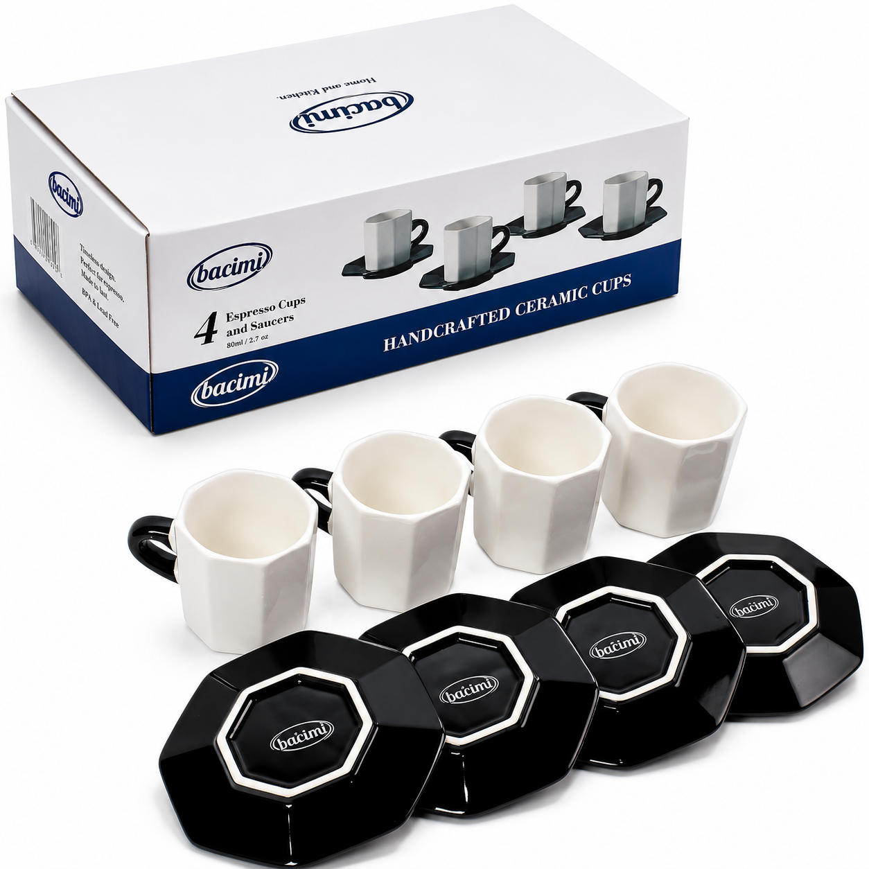 Bacimi® Octagonal Espresso Cups and Saucers Set of - 42.7 oz