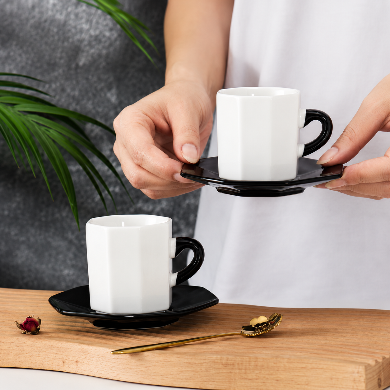Bacimi® Octagonal Espresso Cups and Saucers Set of - 42.7 oz