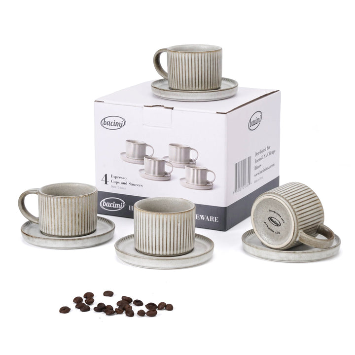 Bacimi Set Of 4 Mini Espresso Cups With Saucers, Handcrafted Stoneware For Coffee, Cocoa 90ml / 3oz Reactive Glaze Firing Process Makes Each Piece One Of A Kind.