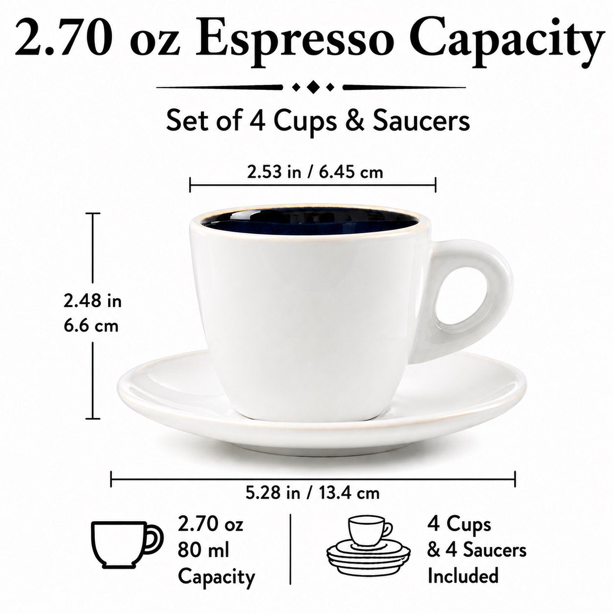 Bacimi® Espresso Cups and Saucers Set of 4 -  2.7oz