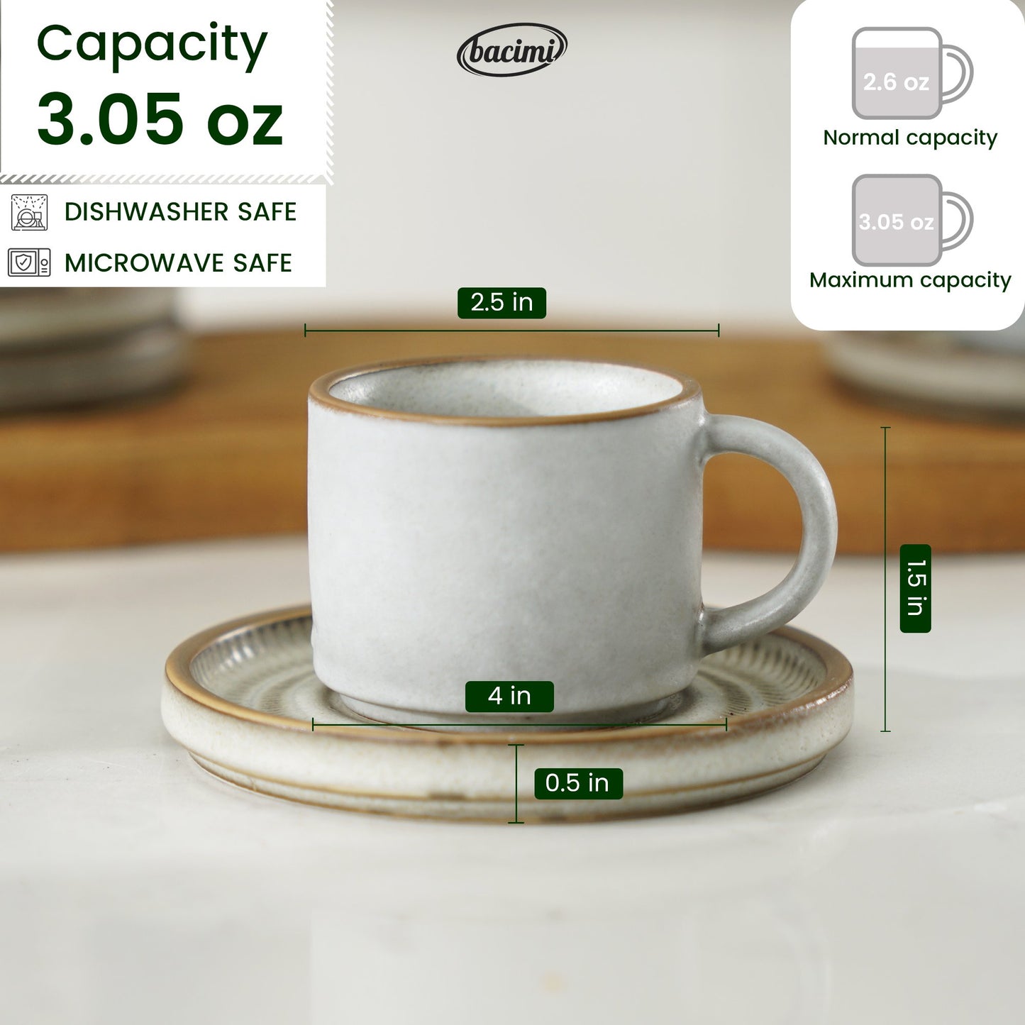 Bacimi® Stoneware Espresso Cups and Saucers Set of 4 - 3 oz