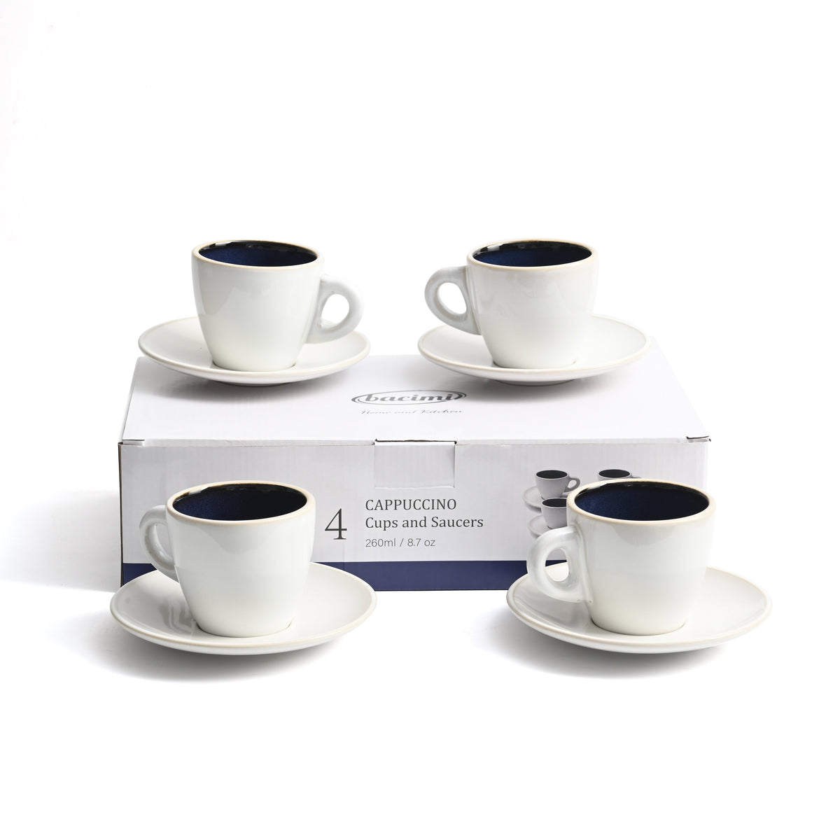 Bacimi® Stoneware Cappuccino Cups & Saucers Set of 4 -  8.7 oz
