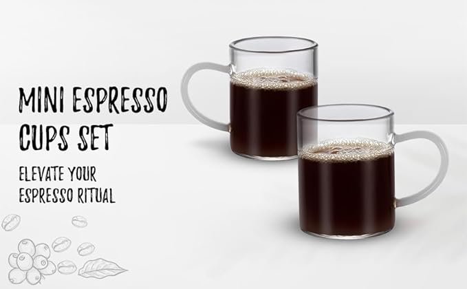 Bacimi Borosilicate Mini Glass Espresso cups 3oz / 90ML, White Handle Set of 2