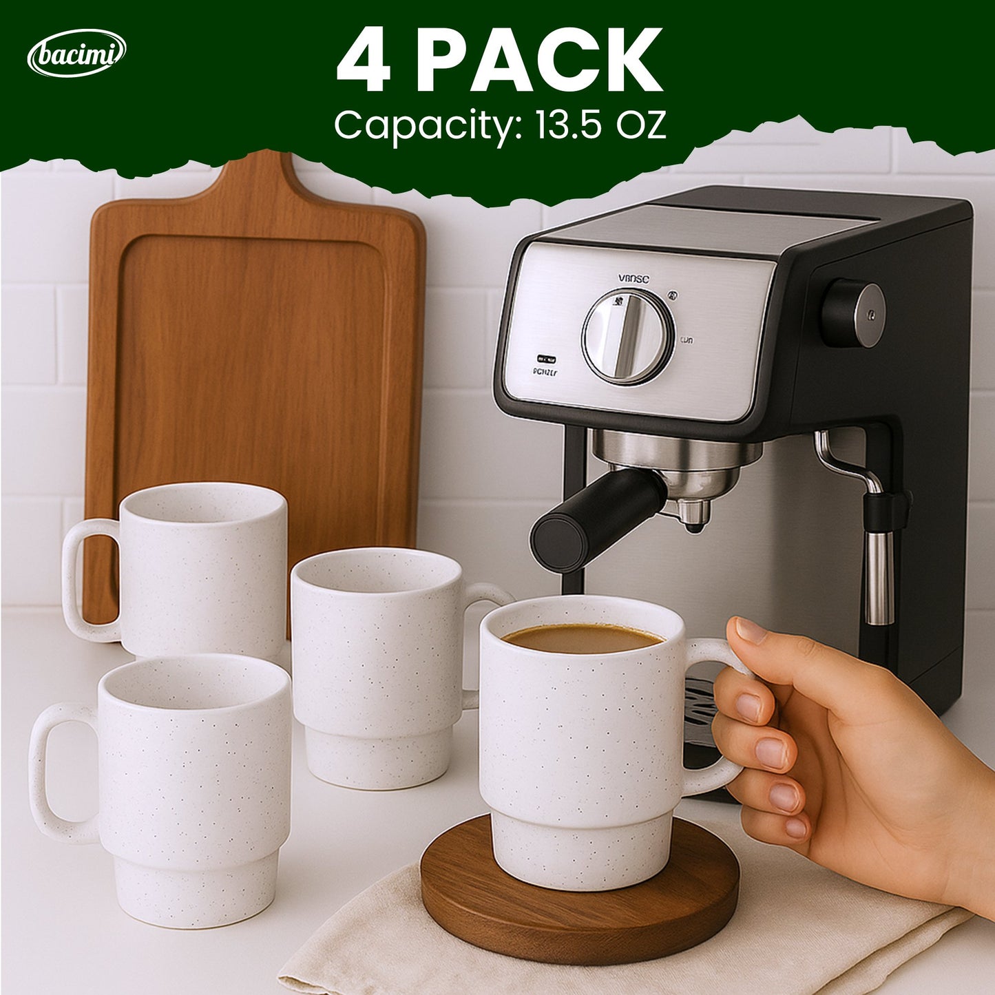 Bacimi® Stoneware Coffee Mugs Set of 4 with Metal Rack - 13.5 oz
