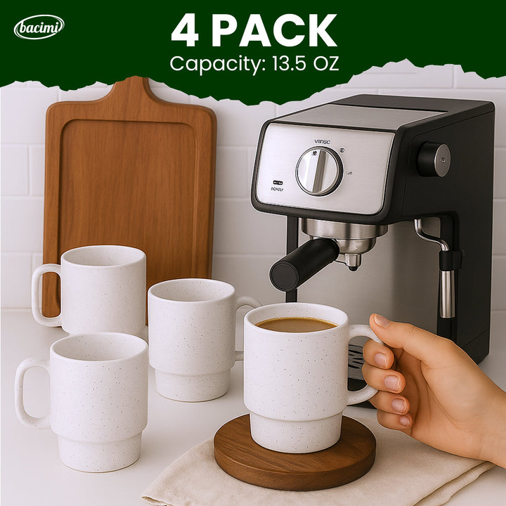 Bacimi Set of 4 Handmade Stackable Coffee Cup Mug Tower Set With Stylish Metal Wire Rack For Cappuccino, Latte, Tea, Cocoa, Hot Beverage 13.5oz, 400ml