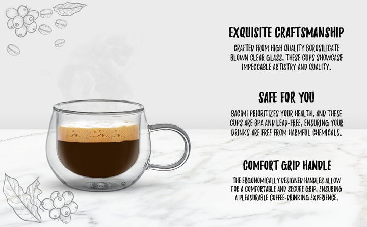 Bacimi Double Wall Insulated Espresso Mugs (Set of 4/3.5oz) - Clear Borosilicate Mug with Handle - Thermal Drinking Cups for Espresso, Cappuccino, Latte, Tea, Hot Beverage, Wine - Microwave Safe