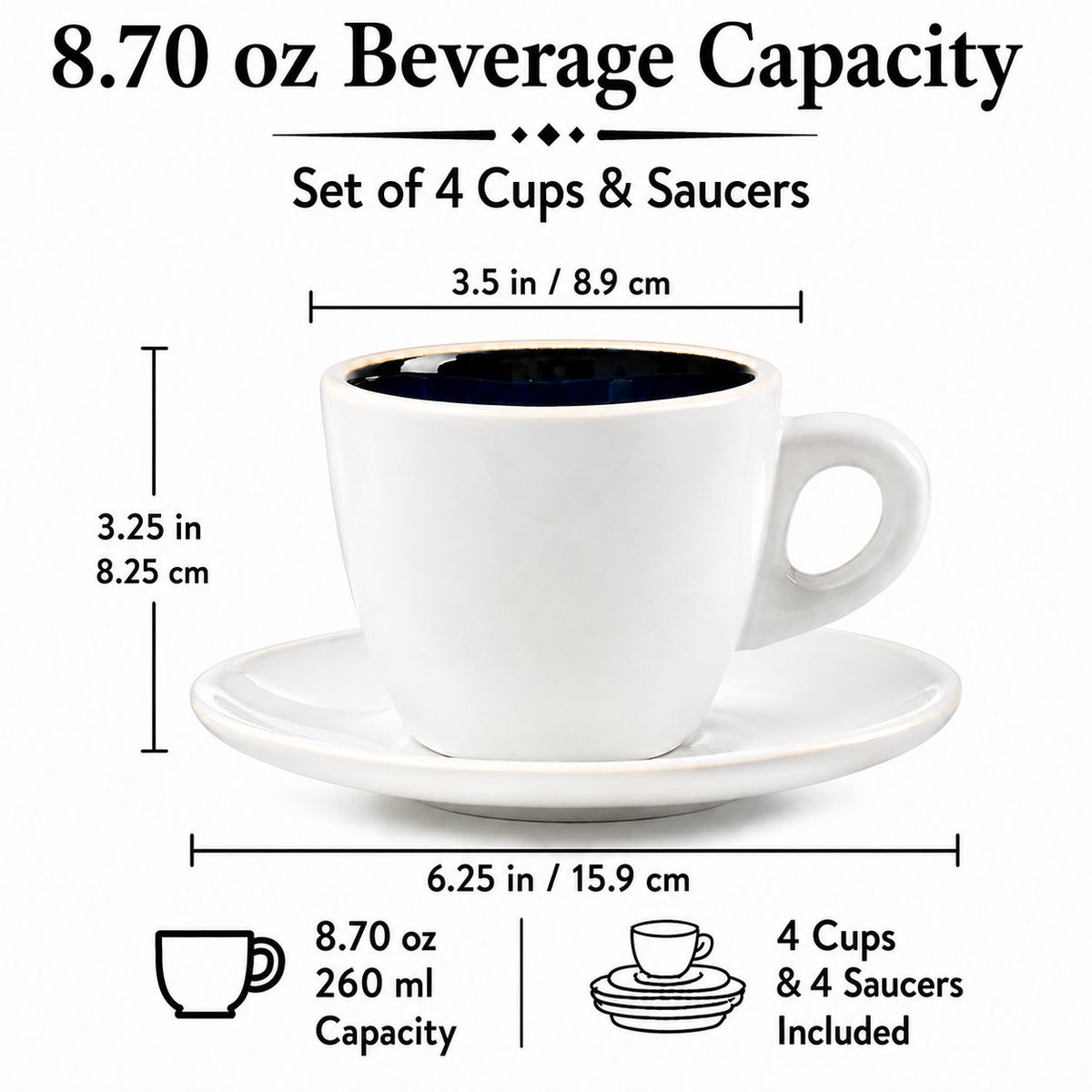 Bacimi® Stoneware Cappuccino Cups & Saucers Set of 4 -  8.7 oz