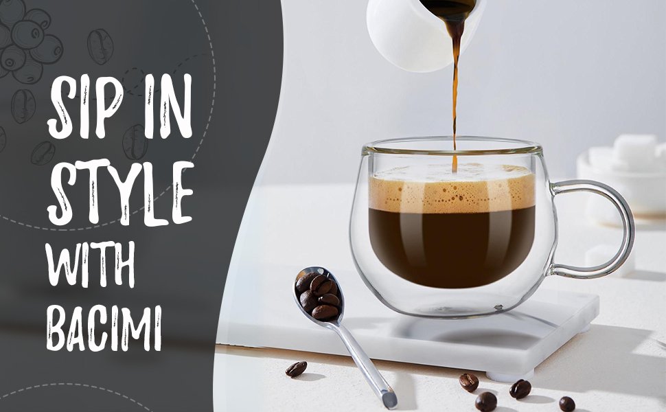 Bacimi Double Wall Insulated Espresso Mugs (Set of 4/3.5oz) - Clear Borosilicate Mug with Handle - Thermal Drinking Cups for Espresso, Cappuccino, Latte, Tea, Hot Beverage, Wine - Microwave Safe