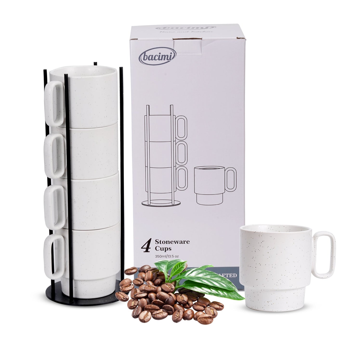 Bacimi® Stoneware Coffee Mugs Set of 4 with Metal Rack - 13.5 oz