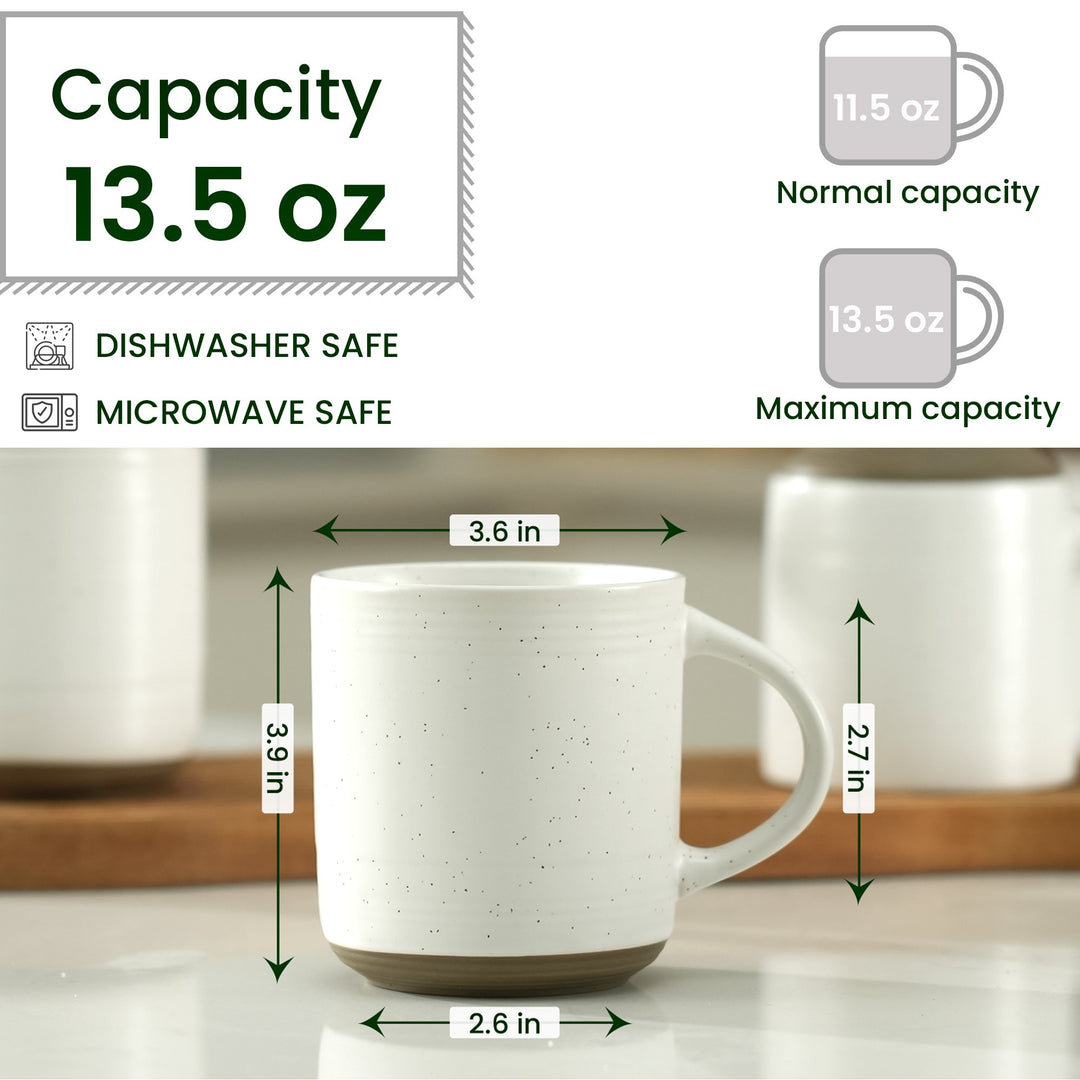 Bacimi Set Of 4 Artisanal Stoneware Mugs Ceramic Large Cups With Handle For Coffee, Cappuccino, Latte, Tea, Hot Beverage 13.5oz 400ml