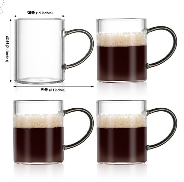 Bacimi Clear Demitasse Mini Espresso Cups with Smoke Handles - Set of 4 / 3oz / 90ml