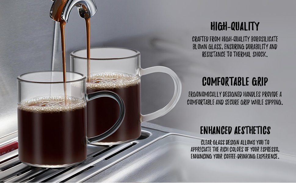 Bacimi Clear Demitasse Mini Espresso Cups with White/Smoke Handles - Set of 2 / 3oz / 90ml