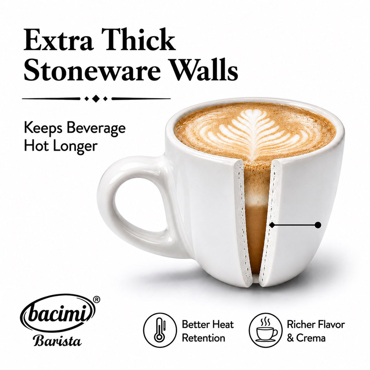 Bacimi® Stoneware Cappuccino Cups & Saucers Set of 4 -  8.7 oz