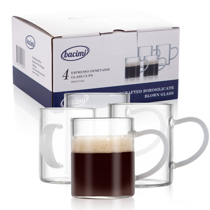 Bacimi Clear Demitasse Mini Espresso Cups with White Handles - Set of 4 / 3oz / 90 ML