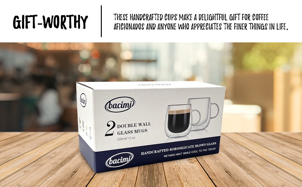 Bacimi Double Wall Insulated Coffee Mugs (Set of 2 / 10oz) - Clear Borosilicate Mug with Handle - Thermal Drinking Cups for Espresso, Cappuccino, Latte, Tea, Hot Beverage, Wine - Microwave Safe