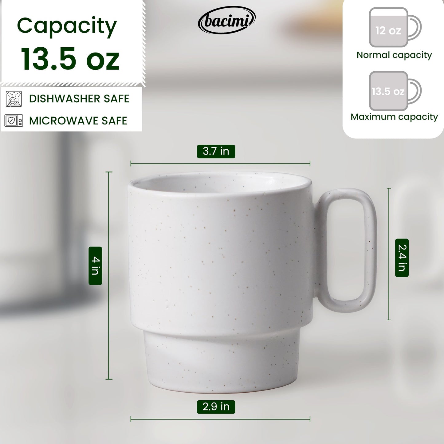 Bacimi® Stoneware Coffee Mugs Set of 4 with Metal Rack - 13.5 oz