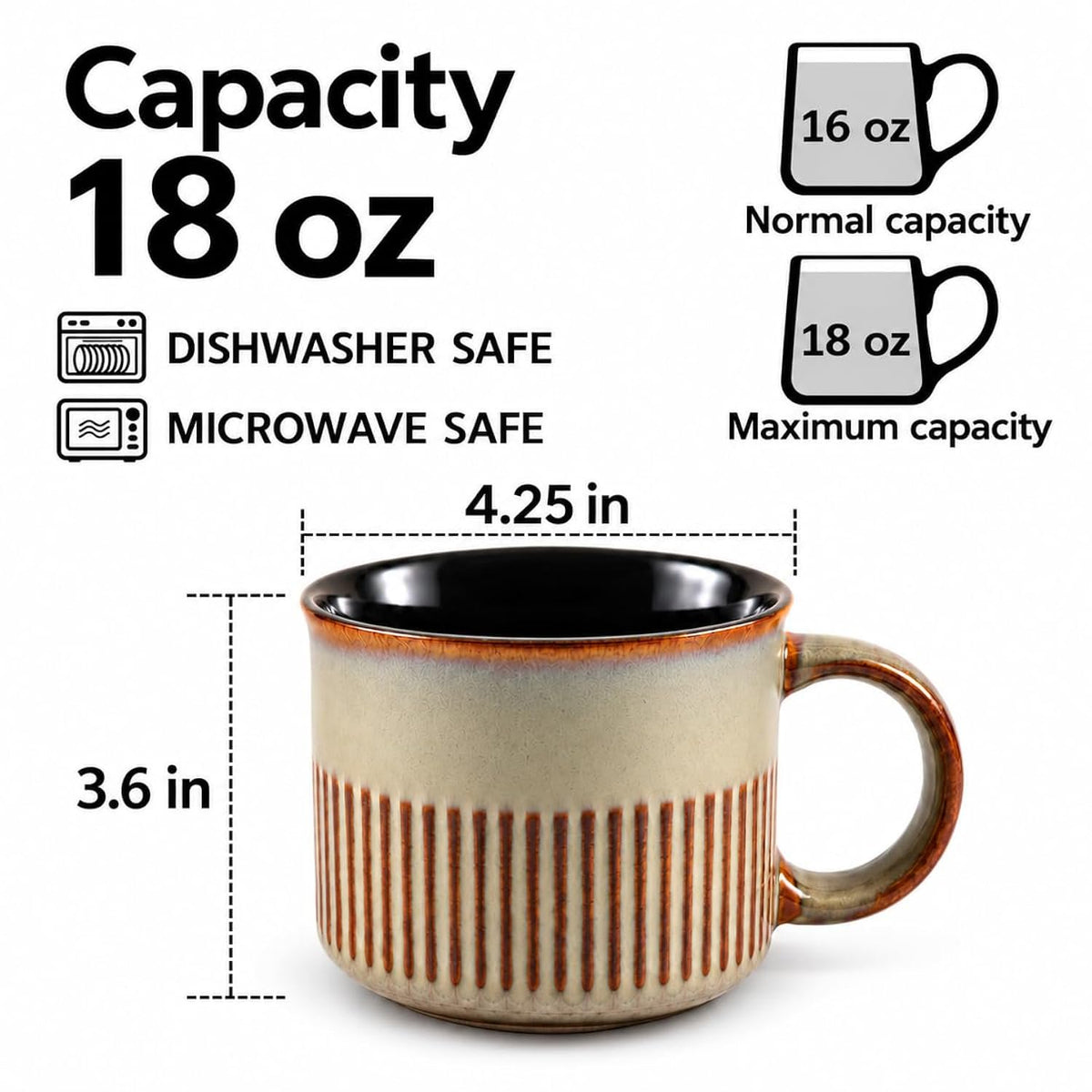 BACIMI Ceramic Coffee & Soup Mugs With Handles, Set of 4, Large 18 oz Rustic Stoneware-Style Cups Ribbed Textured Design, Microwave & Dishwasher Safe, Assorted Earth Tone Colors