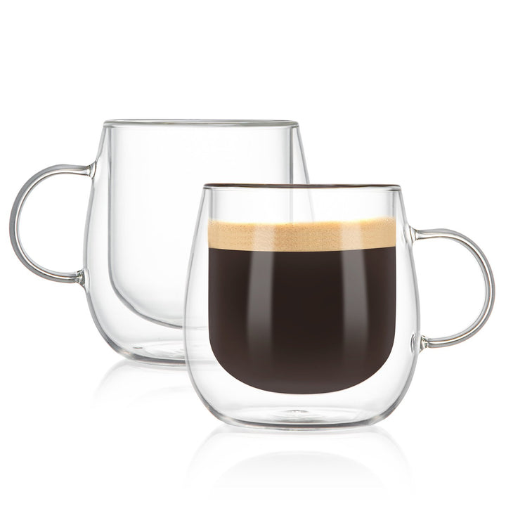 Bacimi Double Wall Insulated Coffee Mugs (Set of 2 / 10oz) - Clear Borosilicate Mug with Handle - Thermal Drinking Cups for Espresso, Cappuccino, Latte, Tea, Hot Beverage, Wine - Microwave Safe