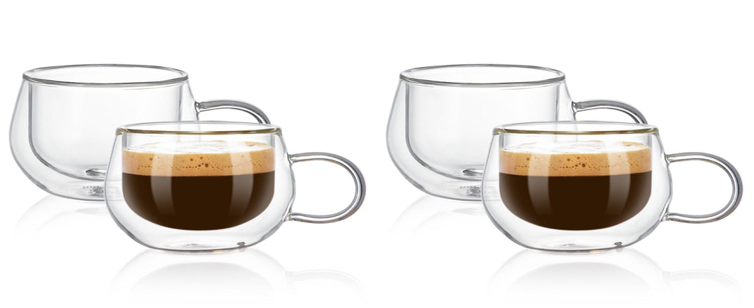 Bacimi Double Wall Insulated Espresso Mugs (Set of 4/3.5oz) - Clear Borosilicate Mug with Handle - Thermal Drinking Cups for Espresso, Cappuccino, Latte, Tea, Hot Beverage, Wine - Microwave Safe