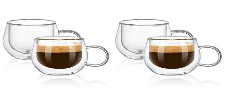 Bacimi Double Wall Insulated Espresso Mugs (Set of 4/3.5oz) - Clear Borosilicate Mug with Handle - Thermal Drinking Cups for Espresso, Cappuccino, Latte, Tea, Hot Beverage, Wine - Microwave Safe