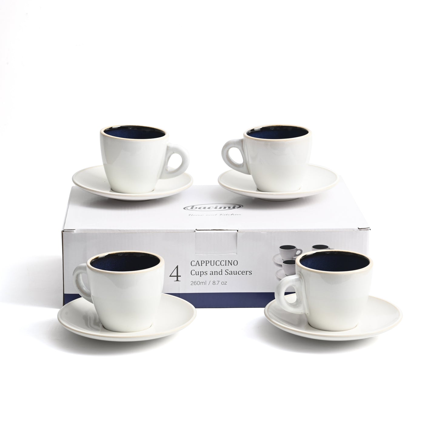 Bacimi® Stoneware Cappuccino Cups & Saucers Set of 4 -  8.7 oz