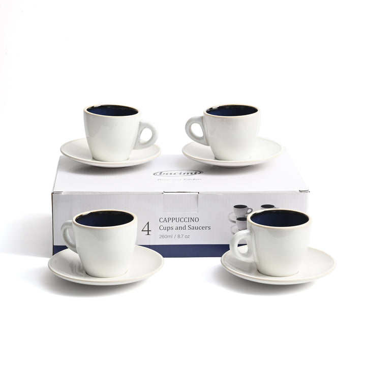 Bacimi® Cappuccino Cups and Saucers Set of 4 – 8.7oz Thick Barista Style Stoneware Cups - Blue Glaze Classic Italian Design - Ceramic Cups For Cappuccino, Latte, Tea – Dishwasher & Microwave Safe