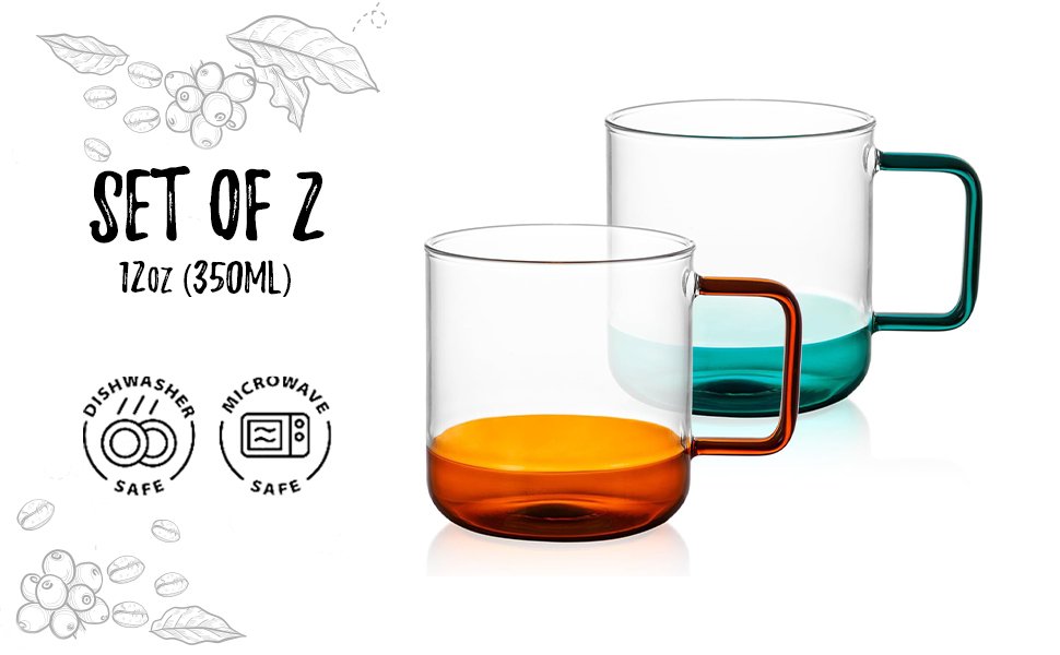 Bacimi® Amber & Teal Double Wall Glass Coffee Cups  Set of 2 -12oz