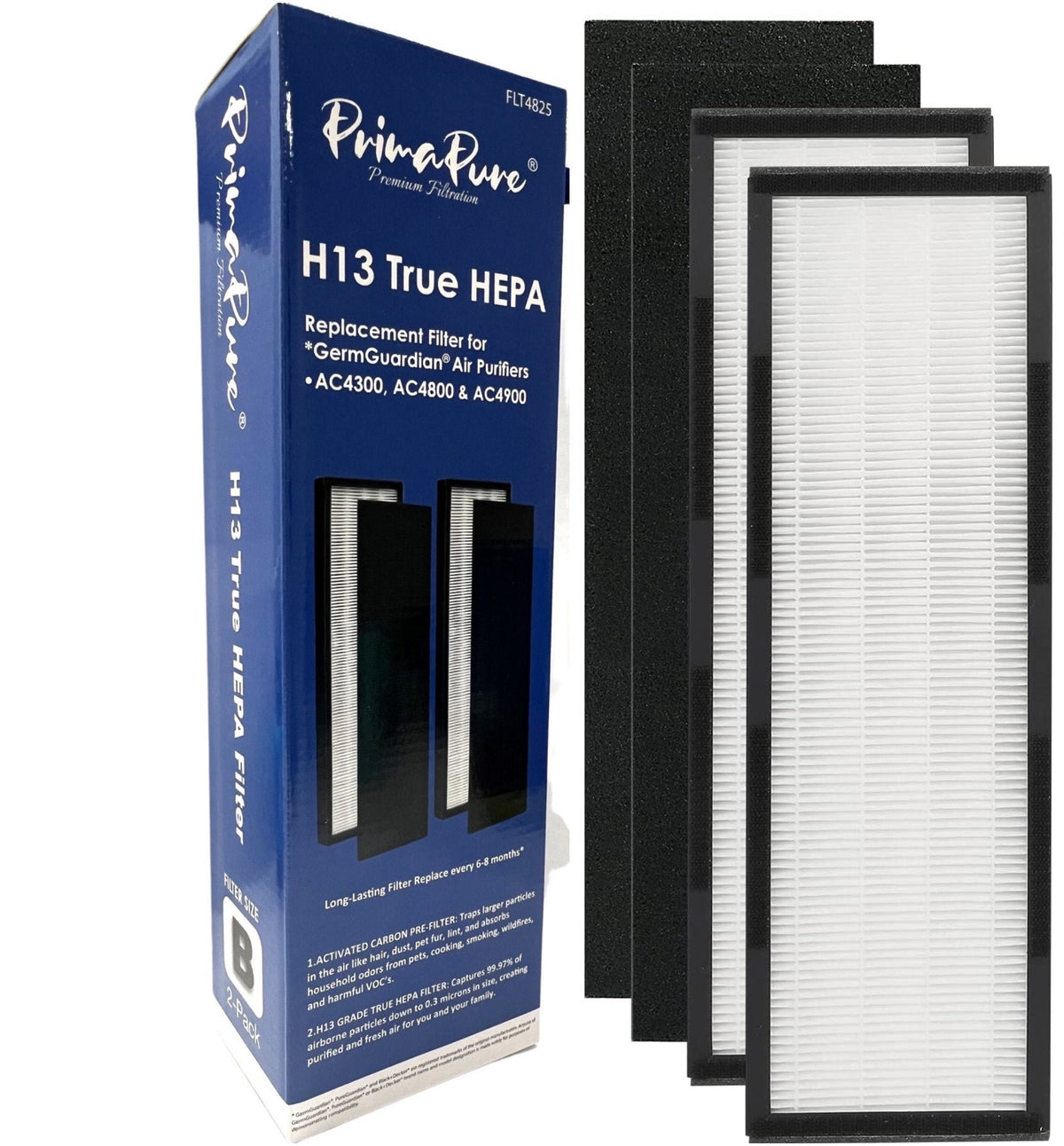 2-Pack PrimaPure H13 True HEPA Filter Replacement for GermGuardian FLT4825 Air Purifier AC4825, AC4825E, AC4850PT, AC4900CA, CDAP4500BCA, CDAP4500WCA, PureGuardian AP2200CA, Black & Decker BXAP148