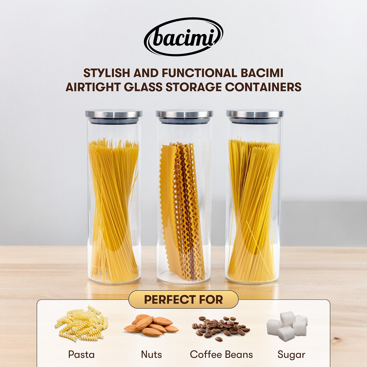 3-Pack Bacimi Borosilicate Glass Food Storage Jars W/Stainless Steel Lids 67oz